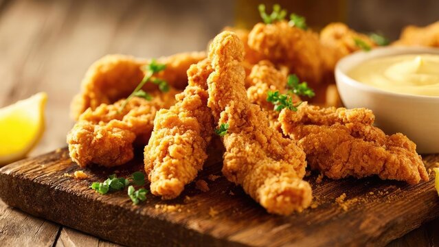 Crispy fried chicken tenders arranged on a wooden board with a side of creamy dipping sauce. Concept Crispy fried chicken tenders, Wooden board presentation, Creamy dipping sauce