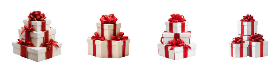 Fototapeta premium Stacked gift boxes with red ribbons and bows in four arrangements isolated on transparent background