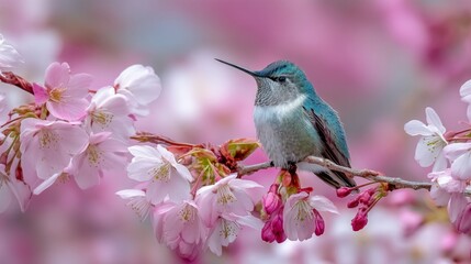 Obraz premium A serene scene of a colorful bird perched on a blooming cherry blossom branch. The vibrant flowers provide a beautiful backdrop. A perfect image for nature lovers. AI