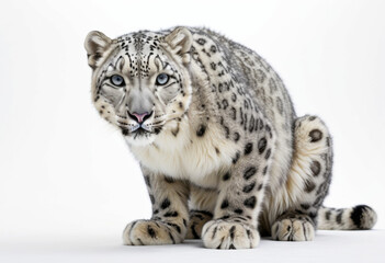 Fototapeta premium Snow leopard in a crouching pose, intense gaze, white background