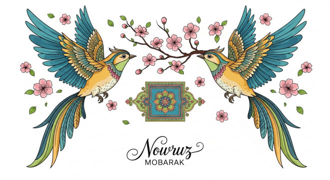 Vibrant birds on cherry blossom branch with floral pattern nowruz greeting