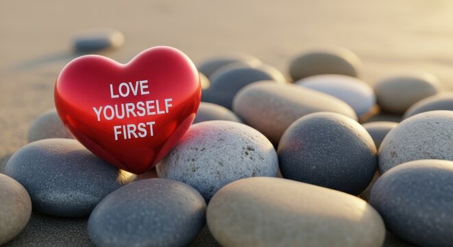 Red heart on stones with love yourself first text
