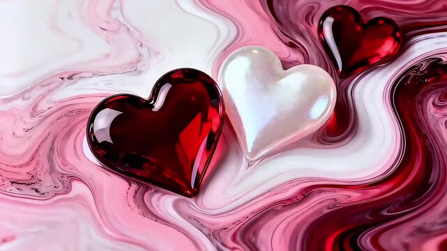 Glossary Red and Pearl Glass Hearts on Abstract Pink Marble Liquid Background for Valentine