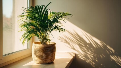 Obraz premium Palm plant in a woven basket on a sunlit windowsill, casting shadows on the wall. Concept Palm plant, woven basket, sunlit windowsill, shadows on wall, indoor greenery