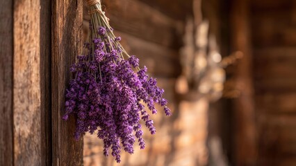 Naklejka premium A bundle of purple lavender tied with twine hangs on a weathered wooden wall. Concept Rustic lavender bouquet, Twine-bound bouquet, Weathered wood backdrop, Rustic decor, Dried flowers