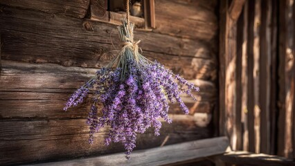 A bundle of lavender tied with twine hangs to dry against a weathered wooden wall. Concept Lavender drying bouquet, Rustic weathered wood backdrop, Twine-wrapped herb bundle