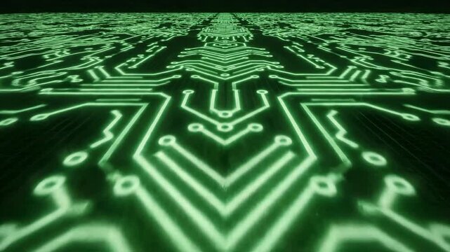 Sweeping aerial simulated shot over a complex symmetrical circuit board pattern made of pulsing green arrowhead lines neon green, network infrastructure, modern