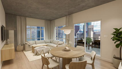 Fototapeta premium Open Plan Living and Dining Room in Modern Luxury Condo