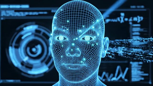 Futuristic digital human head wireframe scanning with blue laser light and glowing particles data analysis artificial intelligence concept