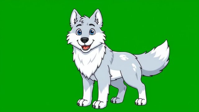 Cute Pixelated Cartoon Wolf With White and Gray Fur Standing Against Green Screen Background