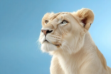 Obraz premium Majestic lioness gazes upward against soft blue background, showcasing her striking features and calm demeanor