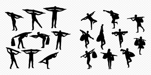 Set of black silhouettes of people carrying surfboards and paddleboards in various poses, isolated on a transparent background.