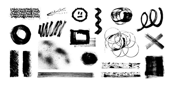 Black ink brush doodles and grunge textures isolated set. Collection of black ink brush strokes, scribbles, splatters, spray texture, frames, circles, and grunge marks on white. Vector graphic set