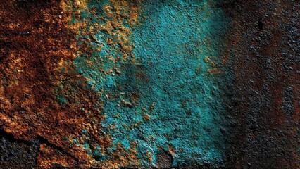 Close-up of a corroded metal surface with orange rust and blue-green patina. Concept Close-up corrosion textures, Rust orange patina, Blue-green patina, Weathered metal macro shot