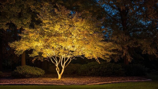 A small, multi-trunk tree illuminated from below, with glowing golden autumn leaves in a dark park at night. Concept Nighttime park photography, uplight-lit tree, multi-trunk tree