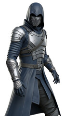 Fototapeta premium Dark knight in silver armor with hood and mask isolated on a transparent background leather coat