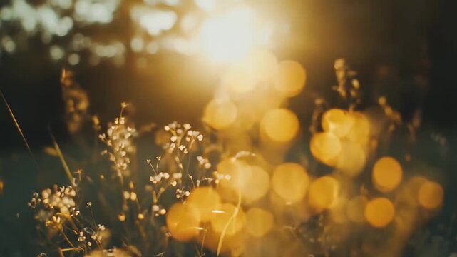 Wildflowers bathed in warm golden hour sunlight, glowing softly against a dreamy bokeh background, evoking tranquil summer meadow beauty and gentle evening growth