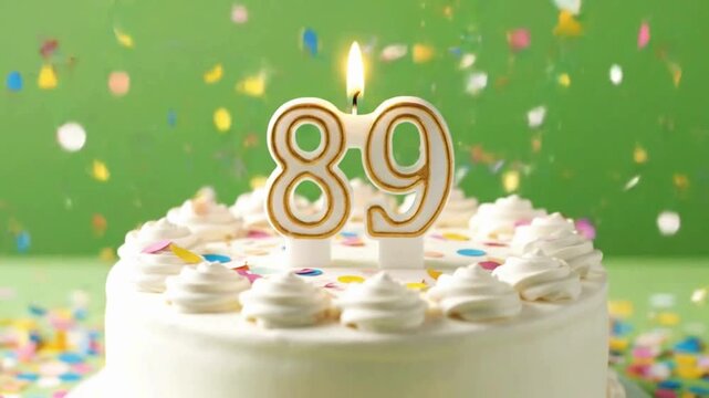 a pristine white frosted cake adorned with a pair of lit number candles, with confetti fluttering in the air, creating a festive atmosphere for a special milestone celebration. 89th birthday gift