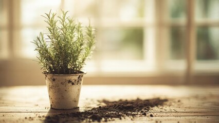 Naklejka premium A small rosemary plant in a white pot sits on a wooden table with spilled soil, by a sunlit window. Concept Rosemary plant, White pot, Sunlit window, Wooden table, Spilled soil