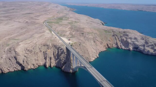 Pag Bridge and rocky coastline aerial view