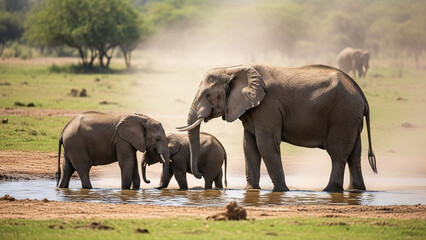 Family of elephants drinking water at a savanna pond