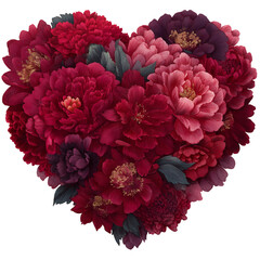 A large heart-shaped floral arrangement, vintage style, deep burgundy and dusty rose. Transparent png