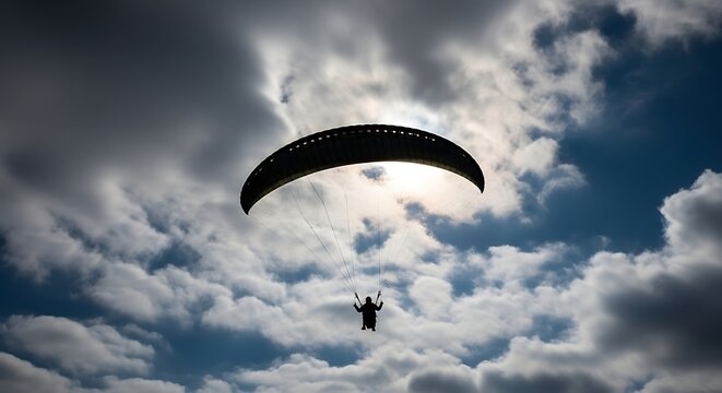 Paraglider Flying High in Cloudy Sky.