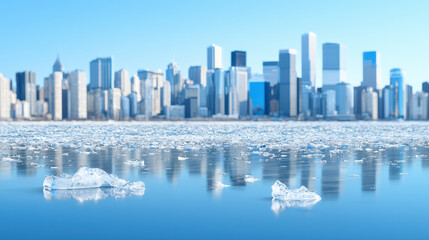 Fototapeta premium Melting icebergs float on calm lake with city skyline in background, showcasing blend of nature and urban life