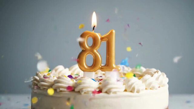 A close-up view of a birthday cake, embellished with festive confetti and a candle that is shaped in a numeral '81' that is lit by a warm flame, celebrating a special age and life milestone.