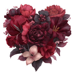 A large heart-shaped floral arrangement, vintage style, deep burgundy and dusty rose. Transparent png