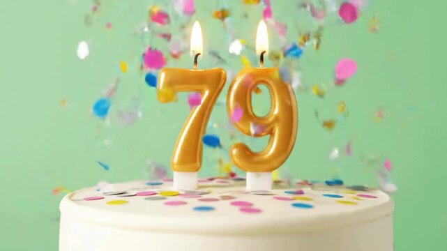 Celebrating the milestone of a seventy-nine-year journey, illuminated by flickering candles. The scene is of joy and festivity as confetti rains down.