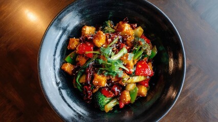 Colorful tofu stir-fry with broccoli, bell peppers, and sesame seeds in a dark bowl, topped with cilantro. Concept Vibrant tofu stir-fry, Colorful vegetables, Sesame seed garnish