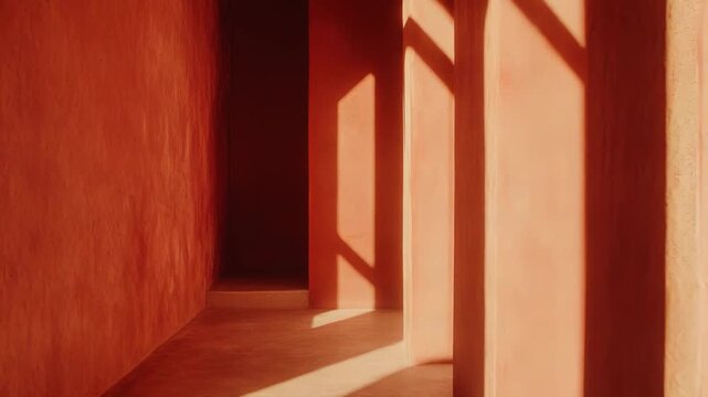 Interior architectural corridor with strong sunlight casting geometric shadows and bright highlights on colored walls and floor, conveying mood and perspective