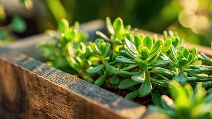 Obraz premium Bright green succulents growing in a wooden planter box. Concept Succulents close-up, Wooden planter, Bright green foliage, Garden decor, Indoor/outdoor plants