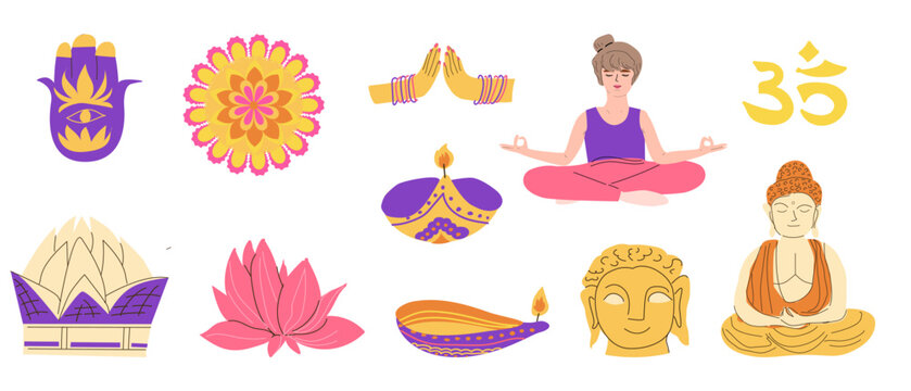 Indian yoga and culture symbols set. Vector cartoon flat illustration isolated. Woman in meditation and yoga, buddha, religion elements set. Colorful lanterns, religion symbols. Yoga travel concept.