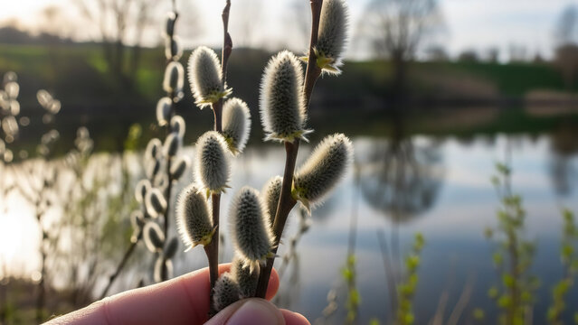 Person holding willow catkin branches by a calm lake