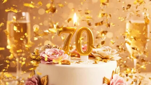 A festive cake with a lit candle celebrates a significant anniversary, surrounded by celebratory elements. champange glasses, 70th birthday gift