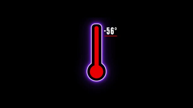 Glowing red thermometer displaying extremely low temperature of minus 56 degrees on black background with purple neon outline
