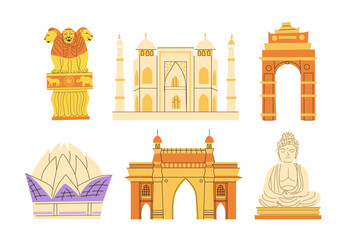 Fototapeta premium Vector set of India landmarks and famous objects. India Gateway, Lotus temple, Buddha in Bodhgaya, Ashoka emblem, Taj Mahal. Indian monuments and building, national symbols set.