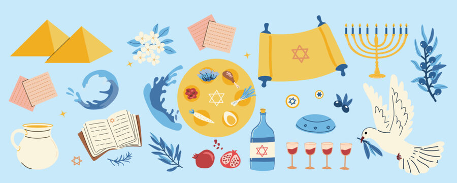 Happy Passover vector icons set. Set of seder plate, matzah, pigeon, torus and menorah, wine and waves. Design elements for jewish holiday. Cartoon flat illustration on blue background.