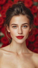 Elegant beautiful woman with long hair and red lipstick showcases glamour and beauty in a studio fashion model portrait. valentine