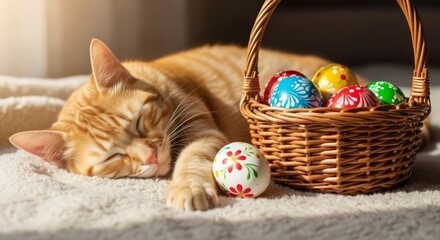 A ginger cat sleeps peacefully next to a basket of colorful Easter eggs, soft sunlight, cinematic composition. AI generated.
