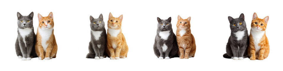 Obraz premium Five cute kittens and cats sitting in a row with different fur colors isolated on transparent background