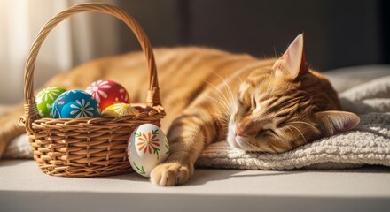 A ginger cat sleeps peacefully next to a basket of colorful Easter eggs, soft sunlight, cinematic composition. AI generated.
