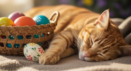 A ginger cat sleeps peacefully next to a basket of colorful Easter eggs, soft sunlight, cinematic composition. AI generated.
