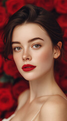 Elegant beautiful woman with long hair and red lipstick showcases glamour and beauty in a studio fashion model portrait. valentine