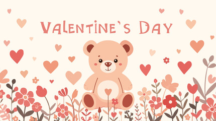 Fototapeta premium Vector illustration of a Valentine's Day background with a cute teddy bear, designed in a flat style, featuring pastel colors, simple shapes, and bold lines
