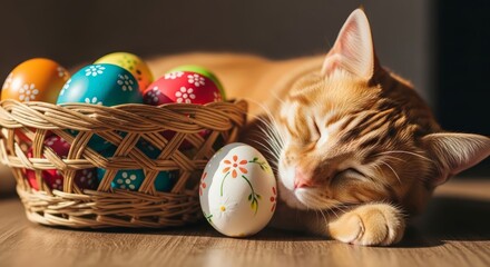 A ginger cat sleeps peacefully next to a basket of colorful Easter eggs, soft sunlight, cinematic composition. AI generated.
