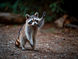 Obraz premium Adorable baby raccoon standing on hind legs with a raised paw in a forest, symbolizing curiosity, friendly greeting, wildlife wonder, and playful nature exploration.