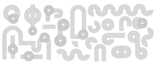 Zen arch set of patterns and abstract circles and organic shapes. Linear black stroke designs, arches in modern bohemian aesthetic style, suitable for wall art. Vector illustration isolated.